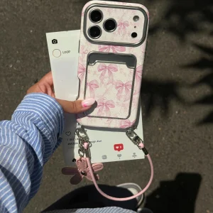 قاب گوشی کلاسیکارد پاپیون روبانی صورتی به همراه آویز و چارم گل (Classic Card Bag + Flower Charm + Pendant)-کیس قاب